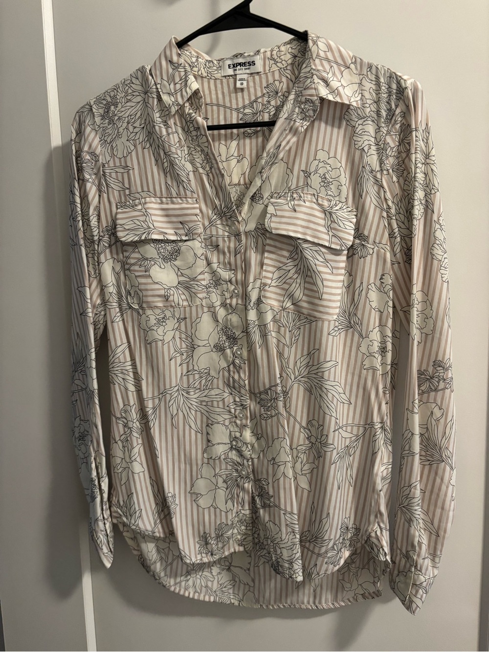 Express Beige and Black Floral Stripe Button-Up Shirt